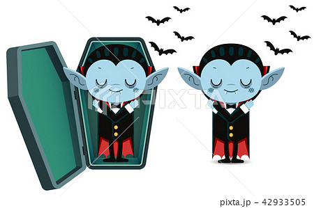 Cute cartoon tiny vampire Dracula sleep in coffin 42933505