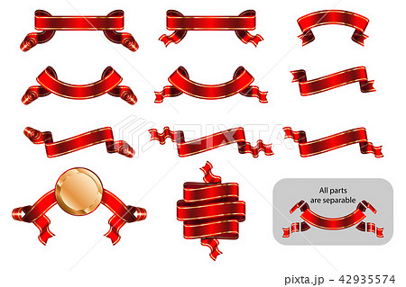 Ribbons and banners set with copy space in shape bending, wave, arc, rise. Solemn heraldic tapes with golden lines. Richly greeting design. Vector isolated realistic illustrations. Version Red B 42935574