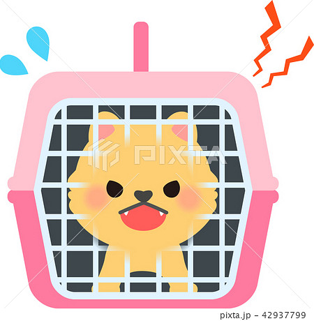 ペットキャリーの中で吠える小型犬のイラスト素材