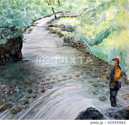 最安挑戦！ 水彩画「釣り人」 - 絵画/タペストリ - www.indiashopps.com