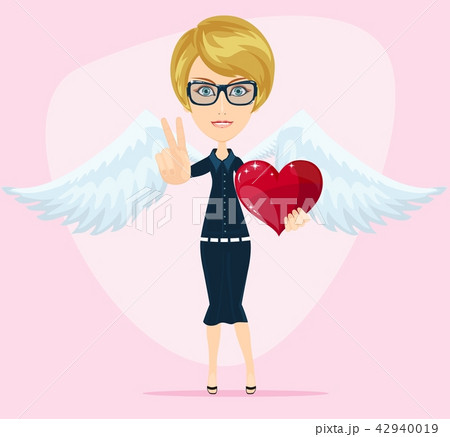 Gorgeous young woman as cupid angel with white wings and heart, with thumbs raised as a sign of Gorgeous young woman as cupid angel with white wings and heart, with thumbs raised as a sign of 42940019