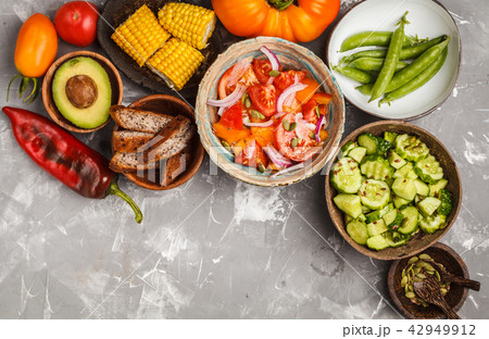 Cucumber salad, tomato salad, flax bread, avocado, Cucumber salad, tomato salad, flax bread, avocado, 42949912