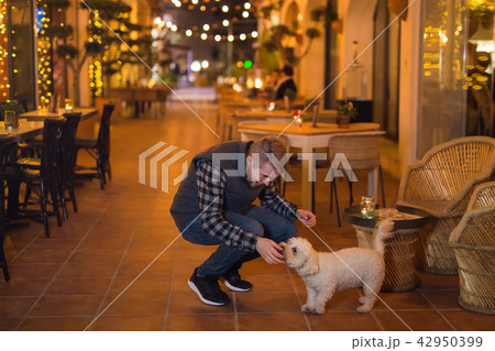 Pet owner and people concept - Young man walking with his dog in night street. 42950399