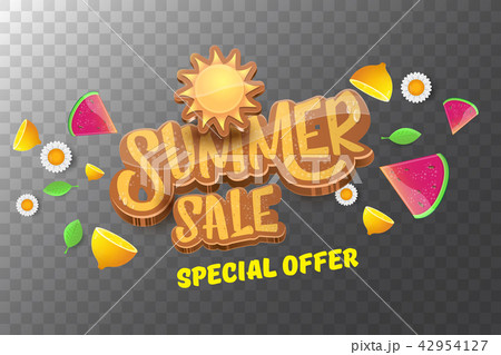 vector sammer sale horizontal banner with text, summer green grass, flying fresh lemons, flowers and 42954127