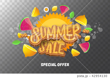 vector sammer sale horizontal banner with text, summer green grass, flying fresh lemons, flowers and 42954130