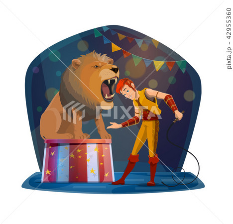 Lion with open mouth and handler on circus stage 42955360