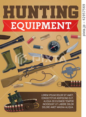 Hunting equipment and hunter ammo vector poster Hunting equipment and hunter ammo vector poster 42957569