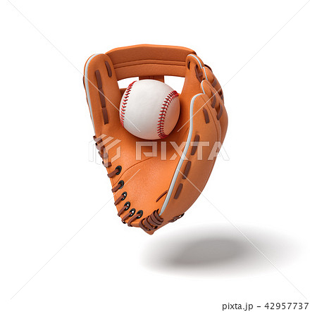 3d rendering of a new orange baseball mitt hanging on the white background with a white ball inside 3d rendering of a new orange baseball mitt hanging on the white background with a white ball inside 42957737
