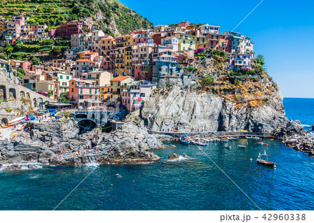 Village of Manarola with ferry, Cinque Terre, Village of Manarola with ferry, Cinque Terre, 42960338
