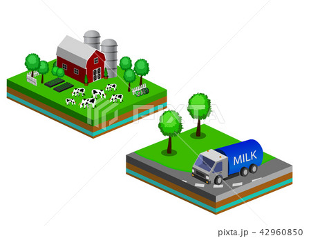 Isometric Red Barn And Trees cows vector illustration 42960850