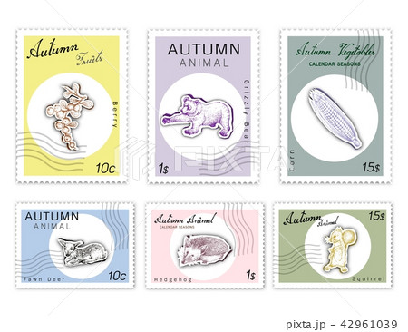 Post Stamps Set of Autumn Animals and Plants Post Stamps Set of Autumn Animals and Plants 42961039