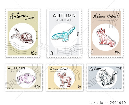 Post Stamps Set Autumn Animals with Paper Cut Art 42961040