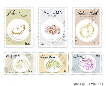Post Stamps Set Autumn Fruits with Paper Cut Art Post Stamps Set Autumn Fruits with Paper Cut Art 42961041