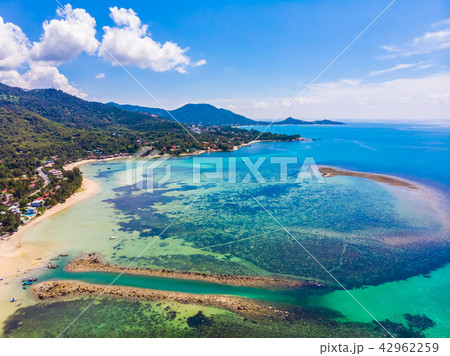 Aerial view of beautiful tropical beach and sea with palm and other tree in koh samui island 42962259