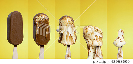 melting melted chocolate ice cream in summer hot w 42968600