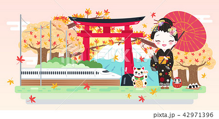 cartoon geisha with travel japanのイラスト素材 42971396 pixta