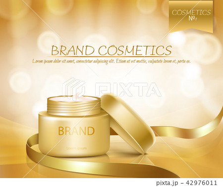 Gold jar with open lid is full of cosmetic cream 42976011
