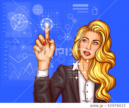 Business woman pressing on virtual holographic screen Business woman pressing on virtual holographic screen 42976015
