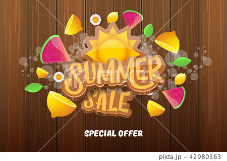 vector sammer sale horizontal banner with text, summer green grass, flying fresh lemons, flowers and 42980363