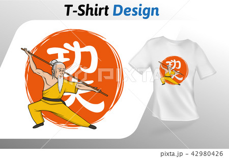 Kung fu master on Chinese kung fu hieroglyph t-shirt print. Mock up t-shirt design template. Vector Kung fu master on Chinese kung fu hieroglyph t-shirt print. Mock up t-shirt design template. Vector 42980426
