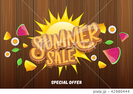 vector sammer sale horizontal banner with text, summer green grass, flying fresh lemons, flowers and 42980444