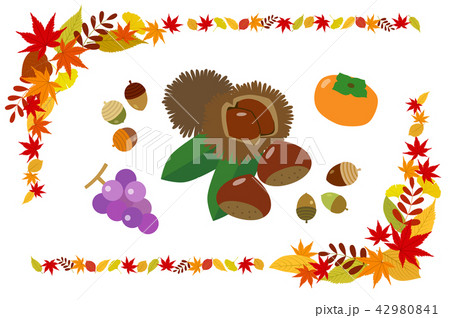 秋の紅葉フレームと収穫物セットのイラスト素材