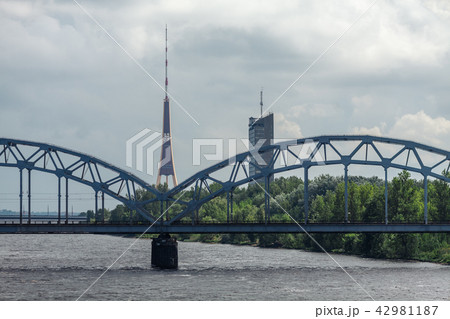Riga Radio and TV Tower and a railway bridge 42981187