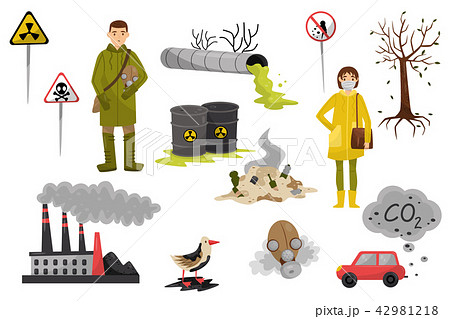 Environmental pollution problems set, pollution of air and water, deforestation, warning signs Environmental pollution problems set, pollution of air and water, deforestation, warning signs 42981218