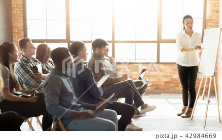 Teacher near whiteboard explaining rules 42984669