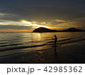 夕日の美しい海辺で水を蹴る男の子 42985362