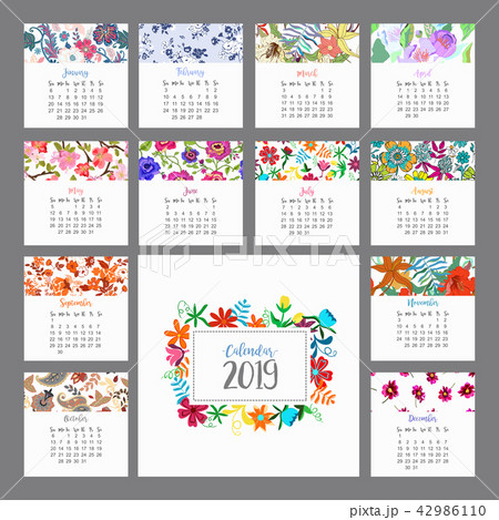 Calendar 2019. Floral calendar with colorful flowers. Vector Calendar 2019. Floral calendar with colorful flowers. Vector 42986110