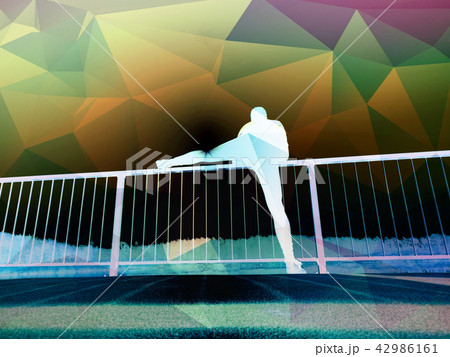Workout, happy man jumping alone on beach bridge Workout, happy man jumping alone on beach bridge 42986161