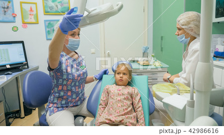 Child with a mother at a dentist's reception. The girl lies in the chair, behind her mother. The 42986616