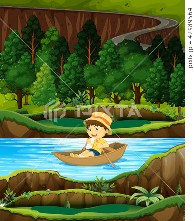 Boy in a row boat on a stream Boy in a row boat on a stream 42989564