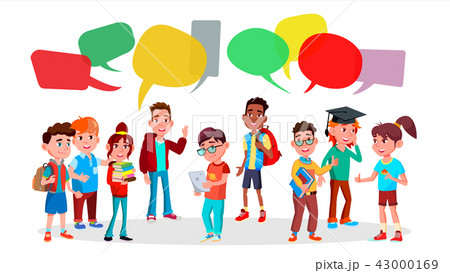 Group Of Pupils Vector. School. Social Network. Mix Race. Chat Bubbles. Discussing. Brainstorming 43000169