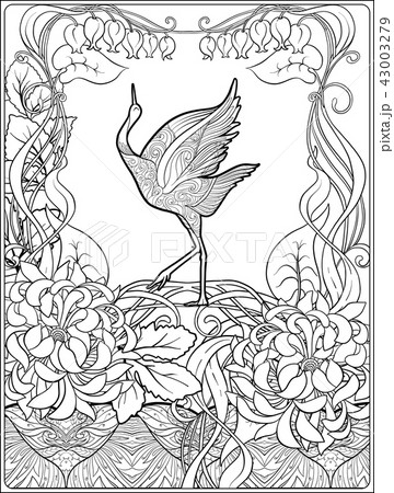 Poster with decorative flowers and carp fish in art nouveau style. Page for the adult coloring book 43003279
