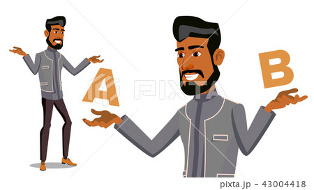 Arab Man Comparing A With B Vector. Balance Of Mind And Emotions. Client Choice. Compare Objects 43004418