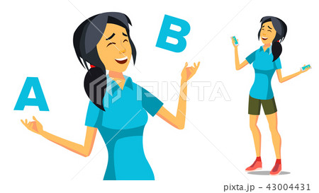 Asian Woman Comparing A With B Vector. Creative Idea. Balancing. Customer Review. Isolated Flat Asian Woman Comparing A With B Vector. Creative Idea. Balancing. Customer Review. Isolated Flat 43004431