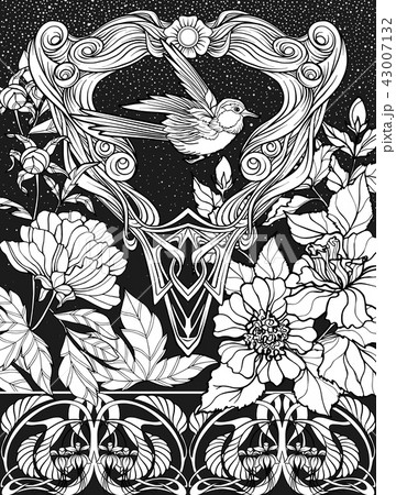 Poster, background with decorative flowers and bird in art nouveau style. Black-and-white graphics.
 43007132