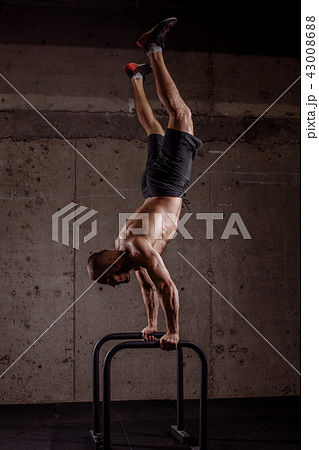 well-built gymnast performing on parallel bars well-built gymnast performing on parallel bars 43008688