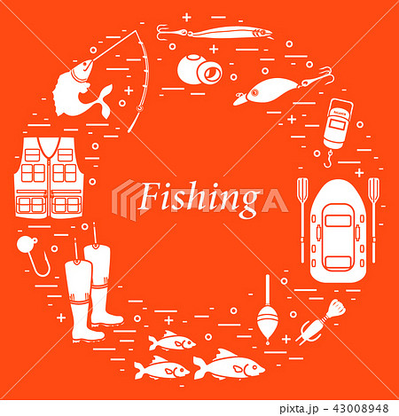 Different tools for fishing arranged in a circle 43008948