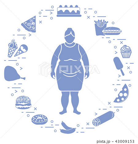Fat woman with unhealthy lifestyle symbols around Fat woman with unhealthy lifestyle symbols around 43009153