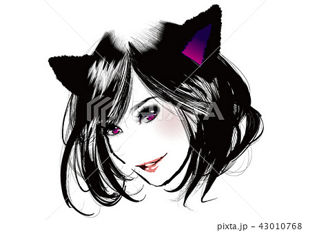 猫 猫耳 女性 美人 黒髪 化粧 セミロング 美髪 コスプレ リアル 人物のイラスト素材