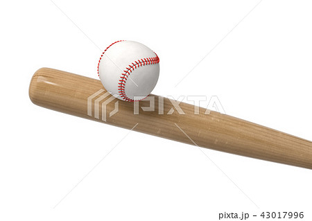 3d rendering of a white baseball with red stitching balancing on a wooden bat in close view. 3d rendering of a white baseball with red stitching balancing on a wooden bat in close view. 43017996