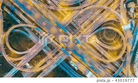 Aerial view highway road intersection at dusk. 43019777
