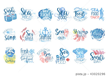 Seafood Cafe Promo Signs Colorful Set Of Watercolor Stylized Logo With Text 43020296