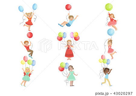 Kids With Party Balloons Set Of Simple Design Illustrations In Cute Fun Cartoon Style Isolated 43020297