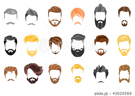 Hair, beard and face, hair, mask cutout cartoon flat collection. Vector men's hairstyle 43020569