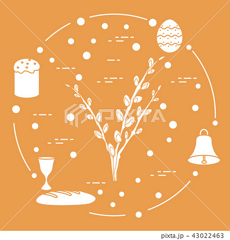 Easter cake, willow branches, bell, bowl, egg 43022463