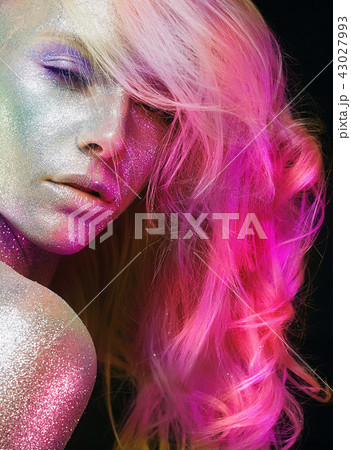 Beautiful Girl with Colorful Hair and  Sparkles 43027993